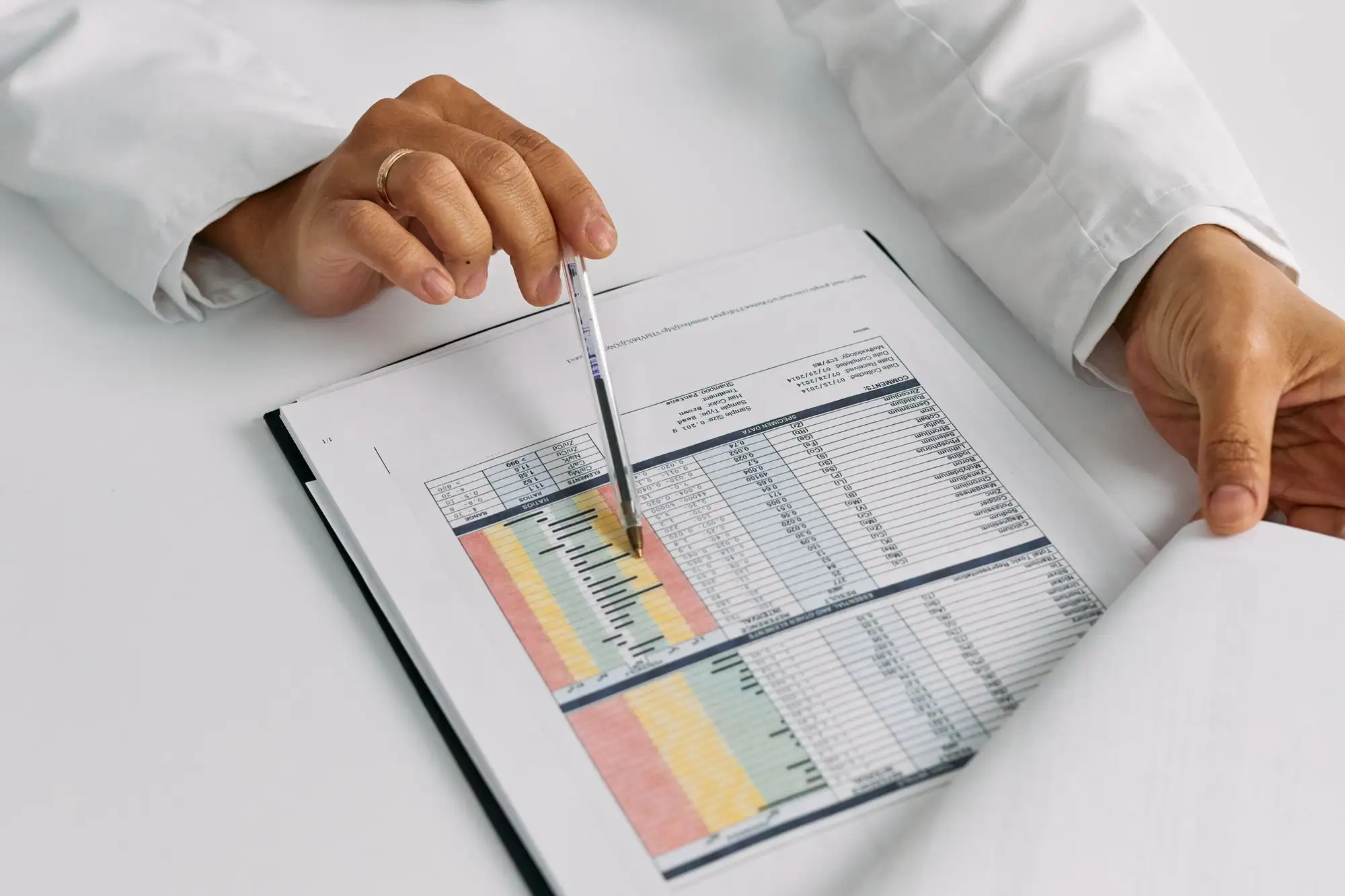 A pen points to a row in a color-coded reference table.