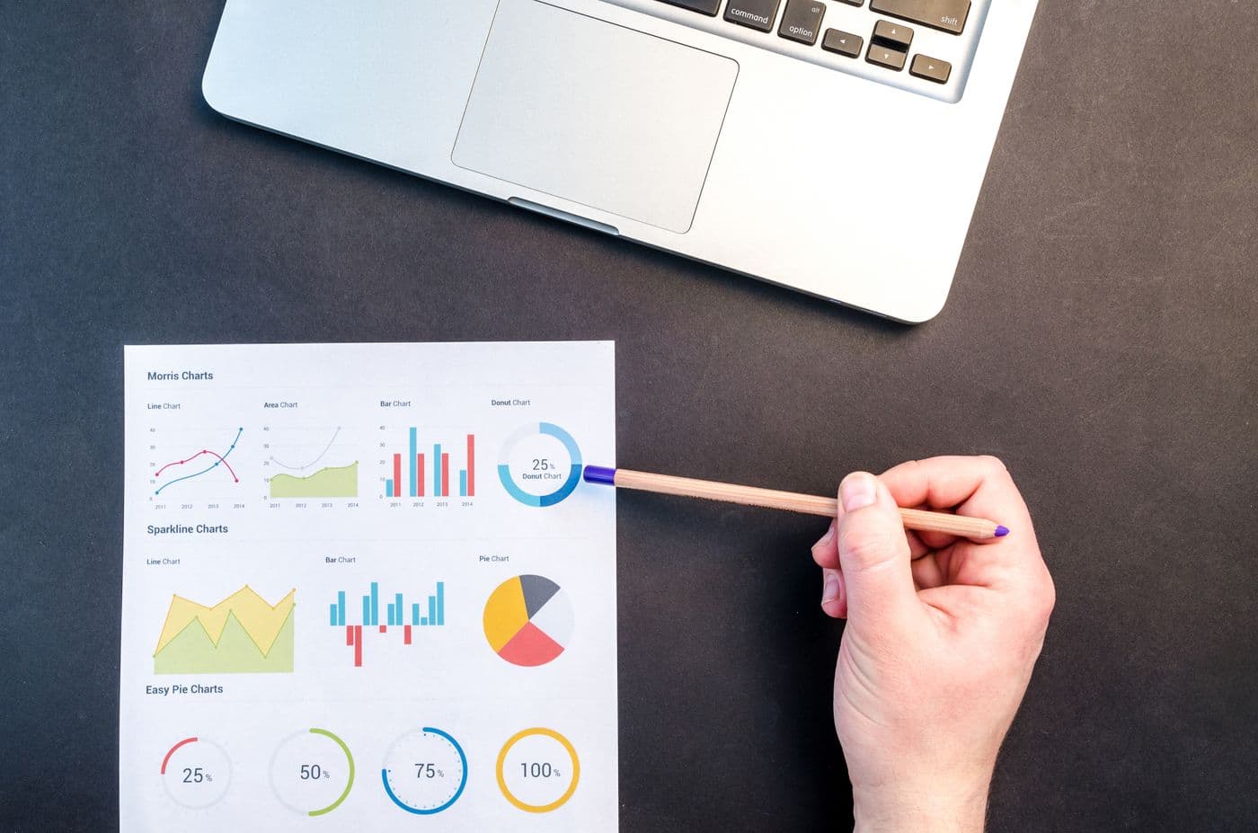 A hand points a pencil at a printed page of charts beside a laptop.