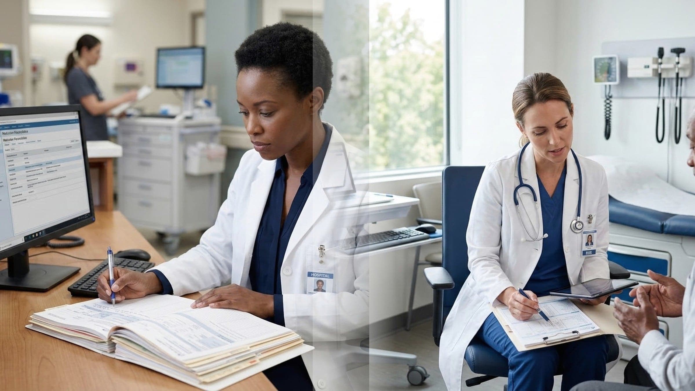 A pharmacist reviewing records at a workstation, shown beside a physician talking with a patient.